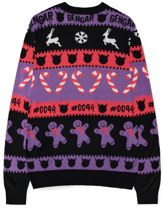 Achterkant paarse kersttrui met Gengar, rendieren, sneeuwvlokken, kerststokken en peperkoekmannetjes.