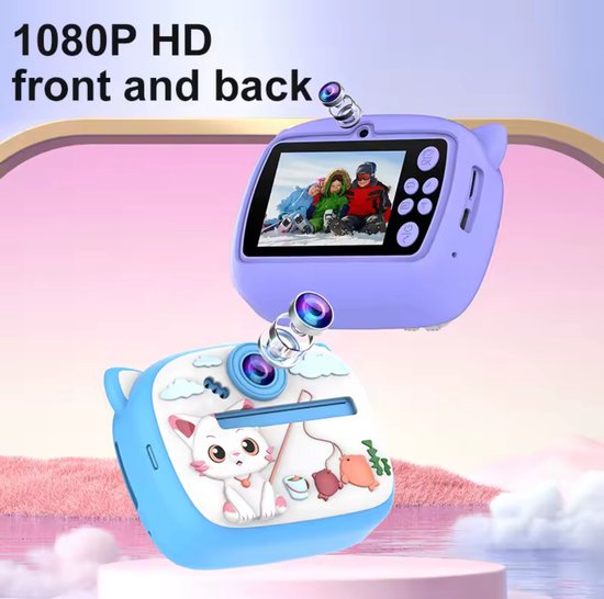 Mini appareil photo Kids - 1080p - Zoom numérique 16x - Impression directe - Mode selfie - Carte SD 32 Go - 1000 mAh - Violet