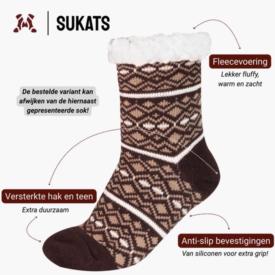 Bruine huissokken met ruitpatroon, witte fluffy rand, verstevigde hak en teen, en anti-slip siliconen.