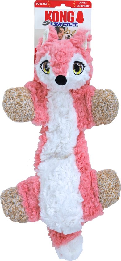 Roze KONG Low Stuff Flopzie vos knuffel met witte vacht en bruine poten.