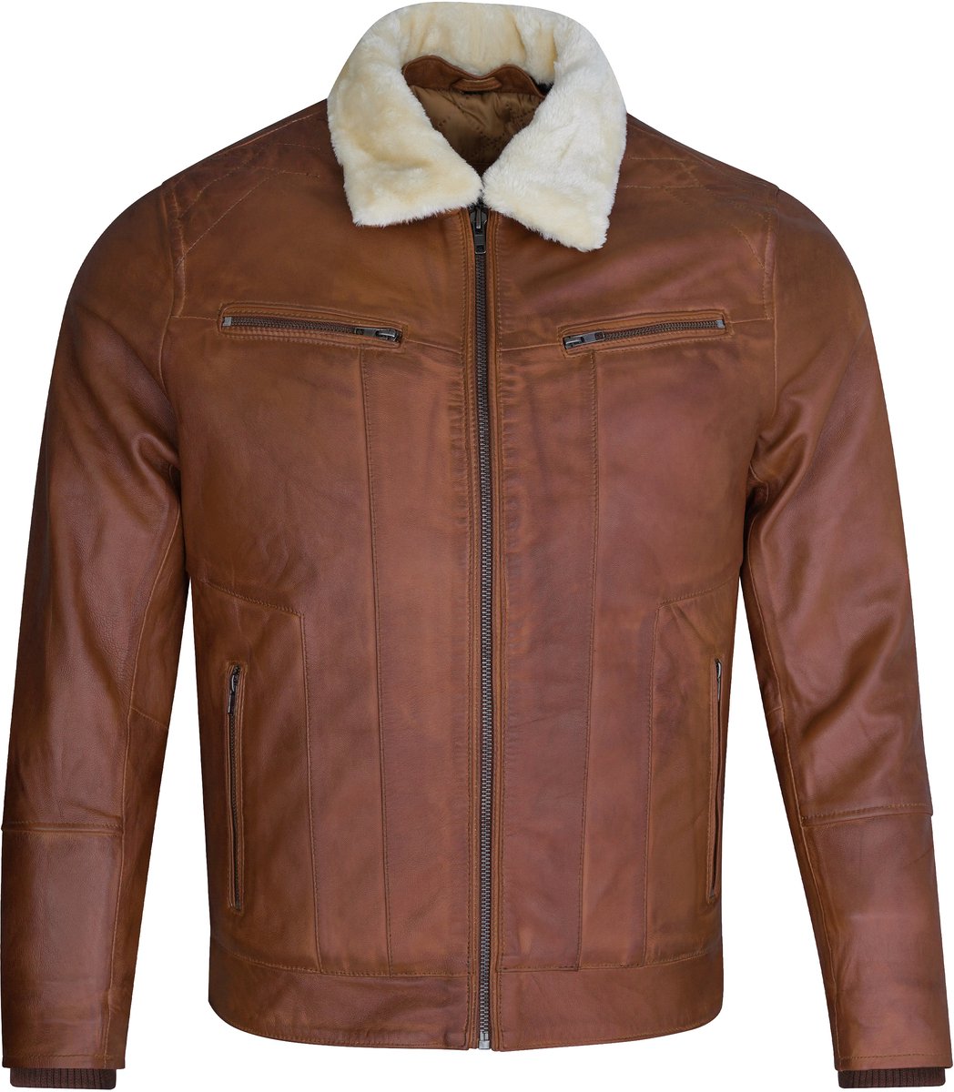 Urban 5884® -Hugo - Heren winterjas - bontkraag - Lams Leer - Brandy -Cognac - Maat XXL