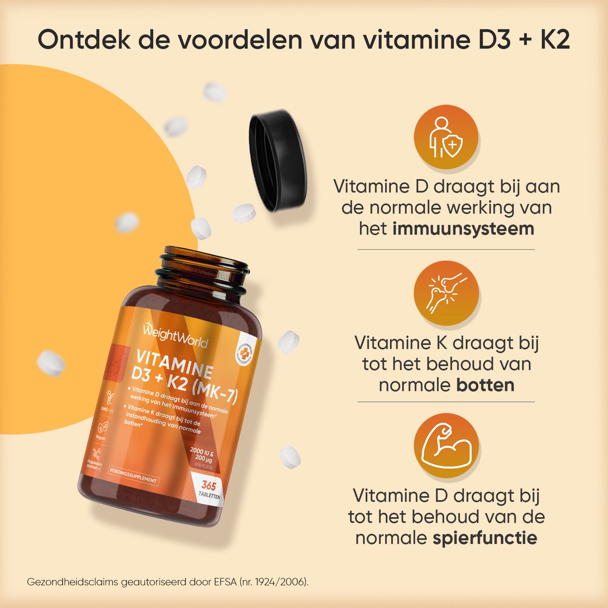 Vitamine D3 + K2 (MK-7) tabletten - 2000 IE + 200mcg - 365 tabletten voor 1 jaar voorraad - Vitamine D supplement van WeightWorld — afbeelding 3