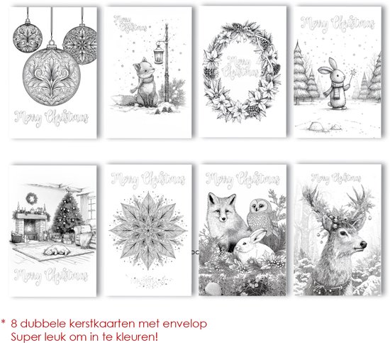 LMWK001 - Kerstkaarten kleuren volwassenen - DIY Kerstkaarten - Kerstkaarten maken 8 kerstkaarten om in te kleuren - Kleurkaarten - Kleurkerstkaarten - Kerstkaarten maken voor volwassenen - kerstkaarten maken Kerstkaarten-Kerstkaarten met enveloppen