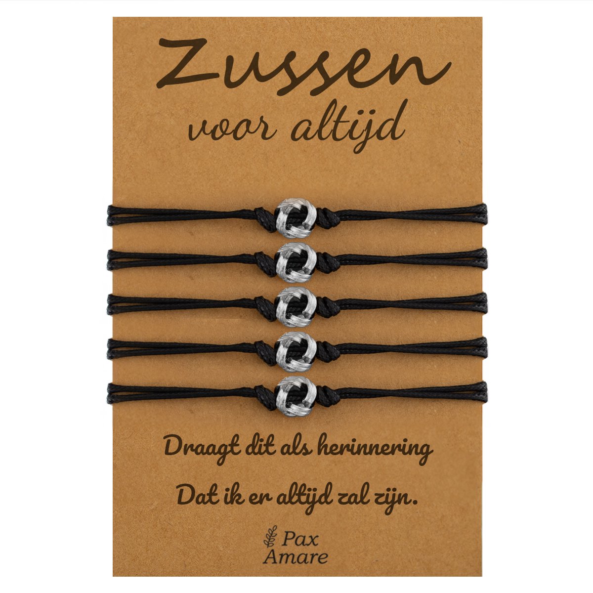 Vriendschapsarmbandjes voor 5 "Zussen voor altijd" - Knoopjes - Sisters Armbandjes met Cadeau Kaartje - Zilverkleurig - Elastisch Verstelbaar - Pax Amare