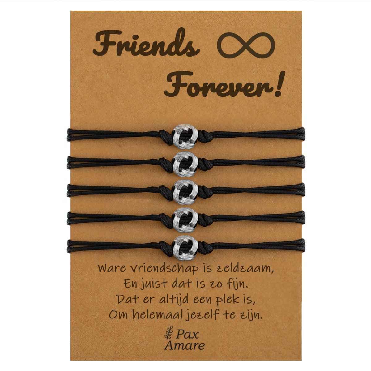 Vriendschapsarmbandjes voor 5 " Friends Forever ∞" - Knoopjes - BFF Armbandjes met Persoonlijk Cadeau Kaartje - Zilverkleurig - Elastisch Verstelbaar - Pax Amare