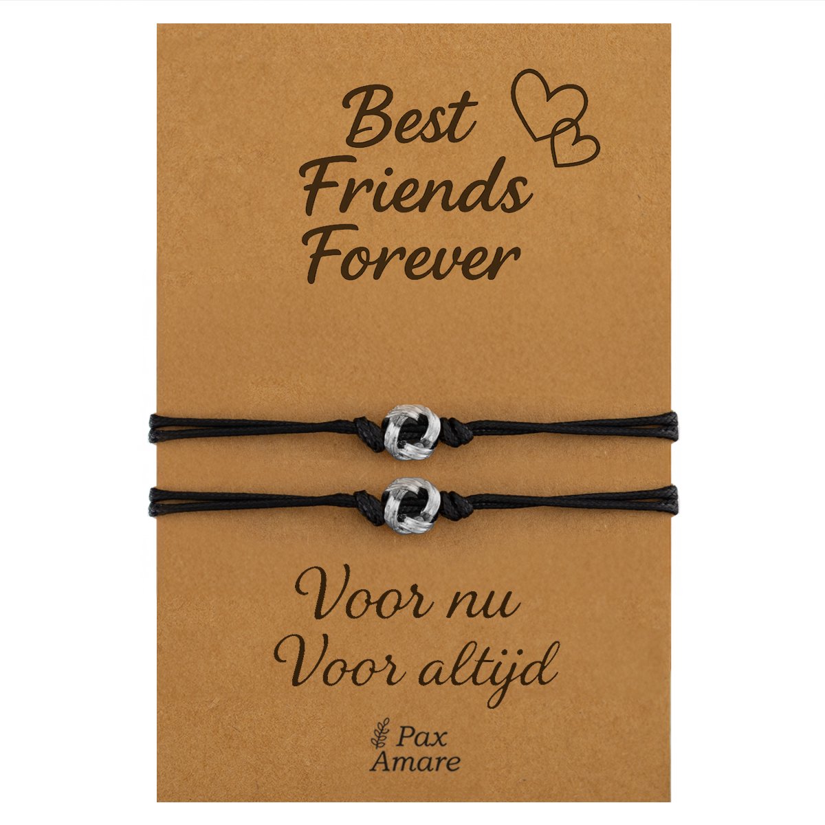 Vriendschapsarmbandjes voor 2 "Best Friends Forever" - Knoopjes - BFF Armbandjes met Persoonlijk Cadeau Kaartje - Zilverkleurig - Elastisch Verstelbaar - Pax Amare