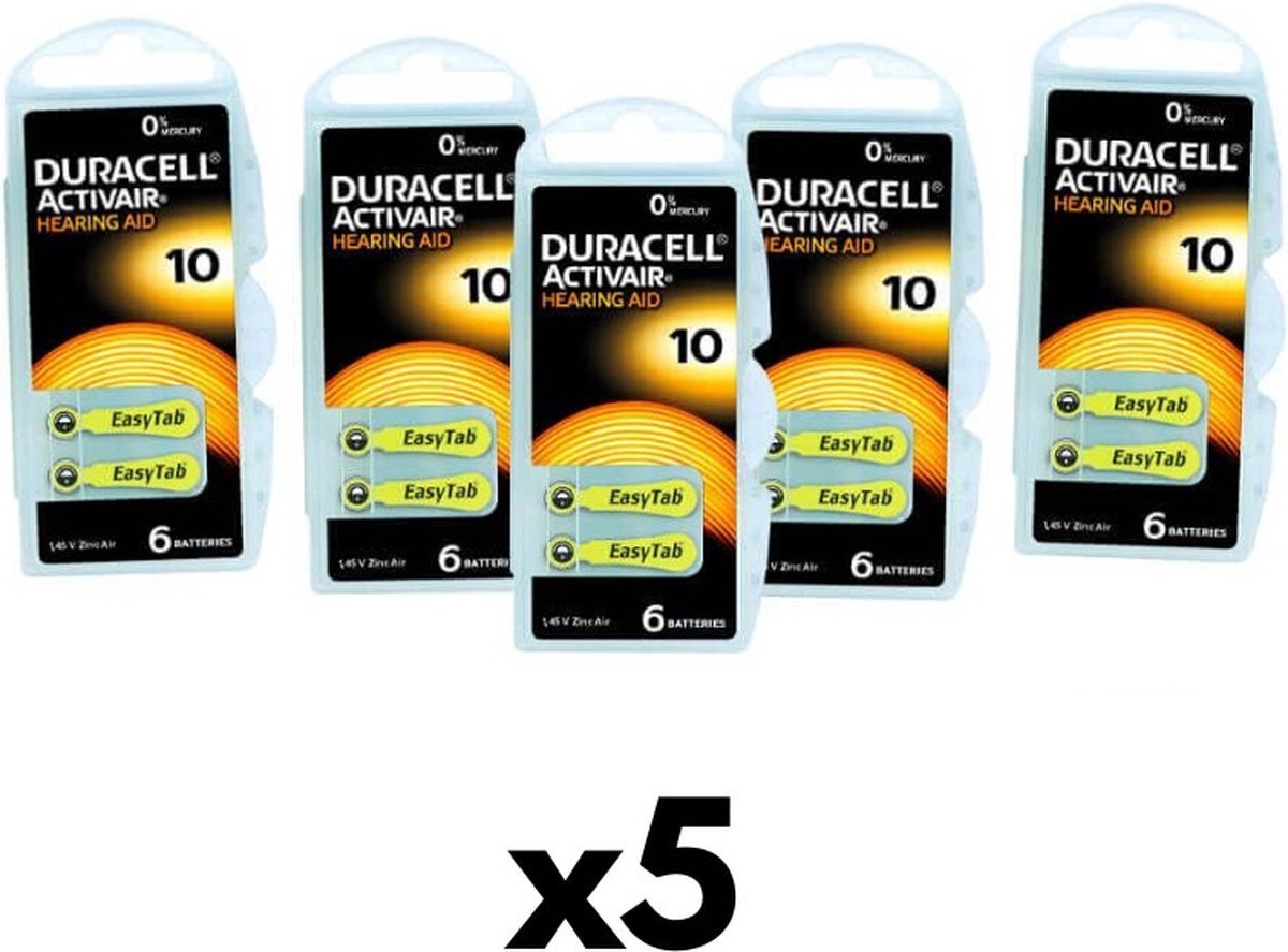 30 Stuks (5 Blisters a 6 st) Duracell Hearing Aid DA10 1.4V niet-oplaadbare batterij - batterij voor gehoorapparaat