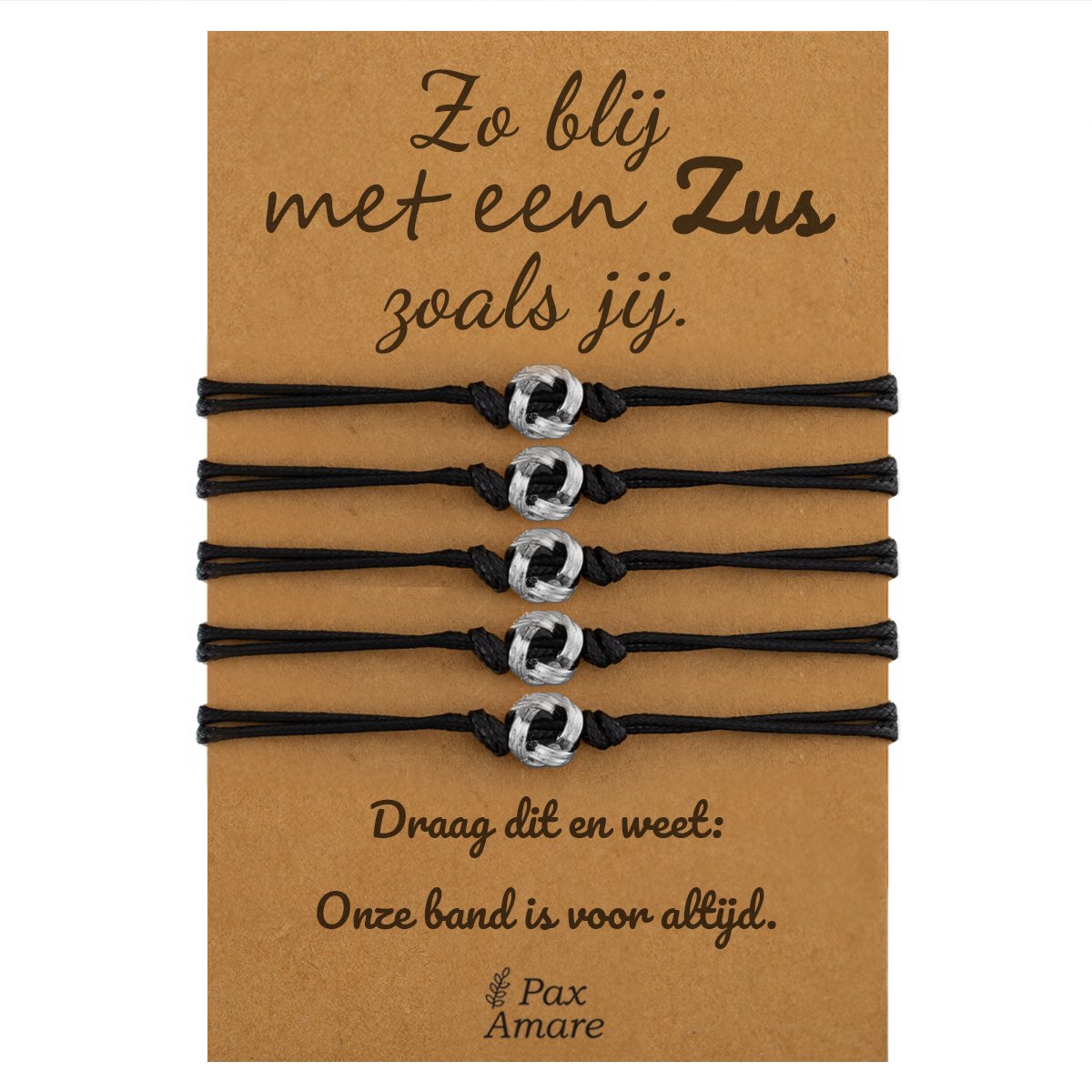 Vriendschapsarmbandjes voor 5 "Zo blij met een zus zoals jij" - Knoopjes - Sisters Armbandjes met Cadeau Kaartje - Zilverkleurig - Elastisch Verstelbaar - Pax Amare