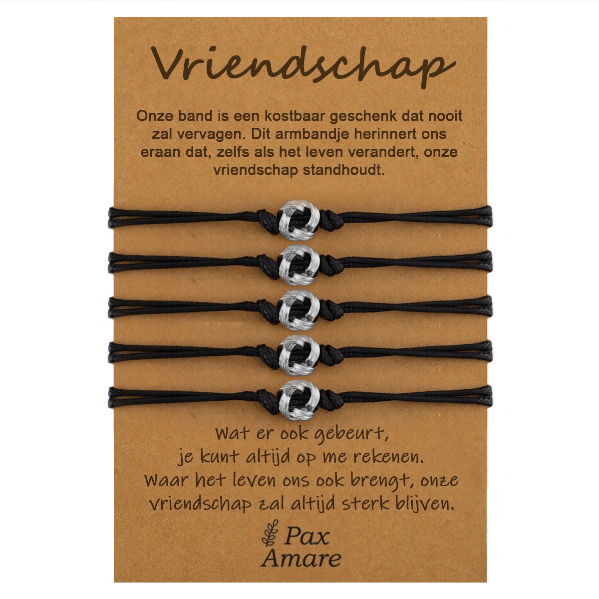 Vriendschapsarmbandjes voor 5 "Vriendschap" - Knoopjes - BFF Armbandjes met Cadeau Kaartje - Zilverkleurig - Elastisch Verstelbaar - Pax Amare