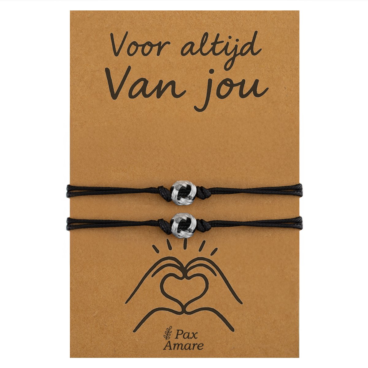 Koppel Armbandjes voor 2 "Voor altijd van Jou" - Knoopjes - Vriendschapsarmbandjes met Valentijn Cadeau Kaartje - Zilverkleurig - Elastisch Verstelbaar - Pax Amare