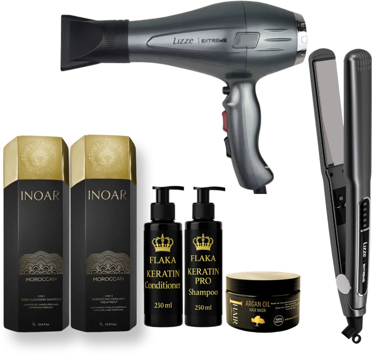 INOAR Moroccan Keratin 2 x 1000ml & LIZZE TITANIO 480 F EXTREME & 250° C stijltang & Lizze Extreme Haardroger 2400 WATTS & Glanzend Haar & Shampoo & Conditioner na Keratinebehandeling