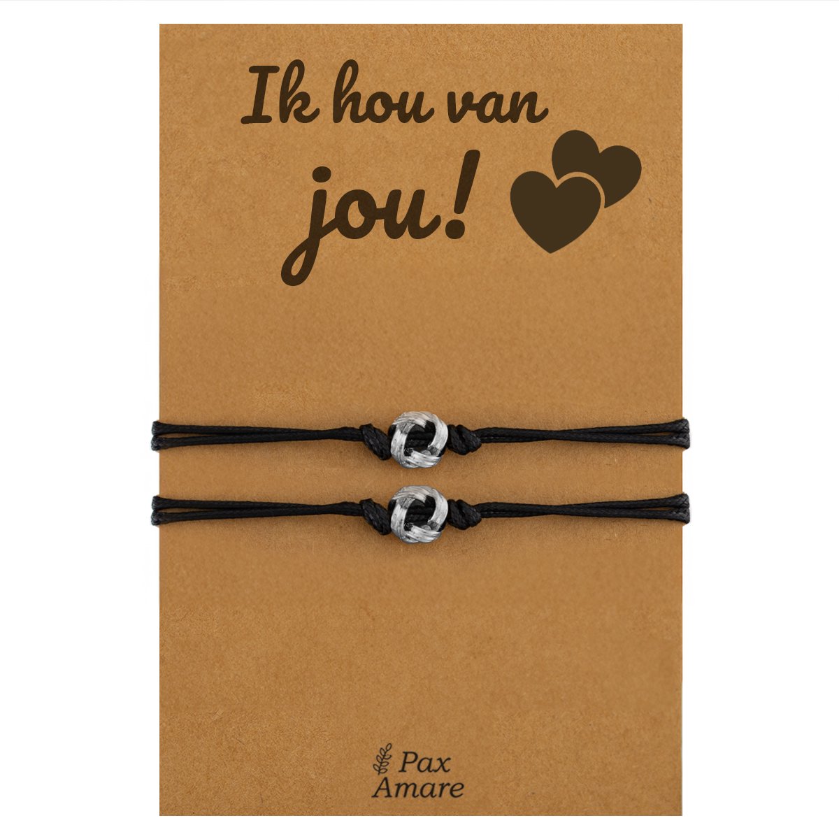 Vriendschapsarmbandjes voor 2 "Ik Hou van Jou" - Knoopjes - Koppel Armbandjes met Lief Cadeau Kaartje - Zilverkleurig - Elastisch Verstelbaar - Pax Amare