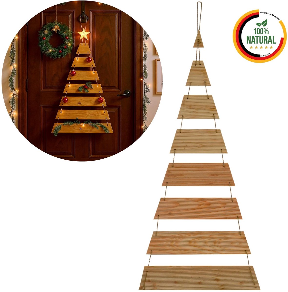 Floranica Kerstdecoratie Hangende Kerstboom hoogte 100 cm Lärk Houten Wanddecoratie om te Hangen Kerst Wanddecoratie Houten Kerstboom Winterdecoratie