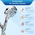 Douchekop met filter en meerdere sproeistanden, water stroomt uit de kop, met afbeeldingen van geurvrij water, haarbescherming, huidbescherming en babygezondheid.