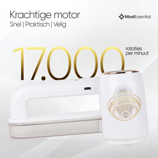 Wit, krachtig apparaat met gouden accenten en draaiende interne motoraandrijving, met 17.000 rotaties per minuut.
