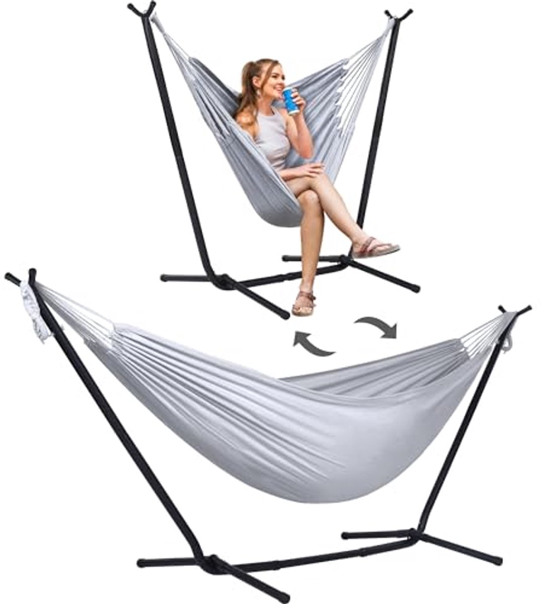 Image of 2-in-1 Converteerbare Extra Grote Hangmat met Standaard voor Buiten - Zware 2-Persoons Hangmat Lichtgrijs