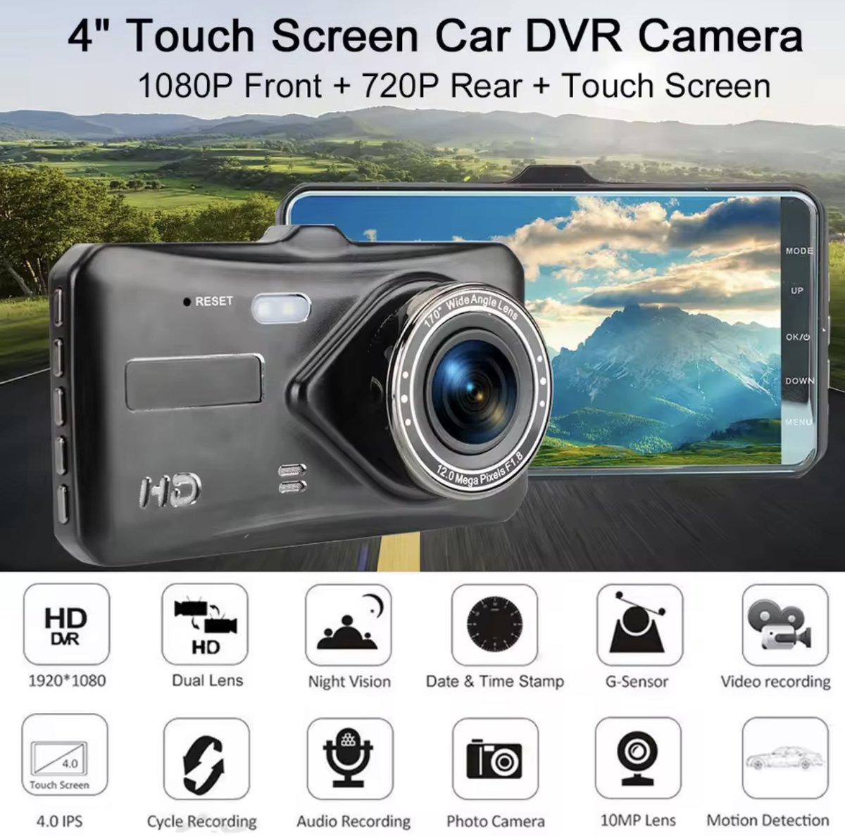 TRESTO - Dashcam Full HD Camera – 4 inch Touchscreen – Dashboardcamera – Full HD 1080p – Loop Recording – Nachtvisie – Bewegingssensor – G-sensor – Autocamera Voor én Achter - voor auto – foto 2