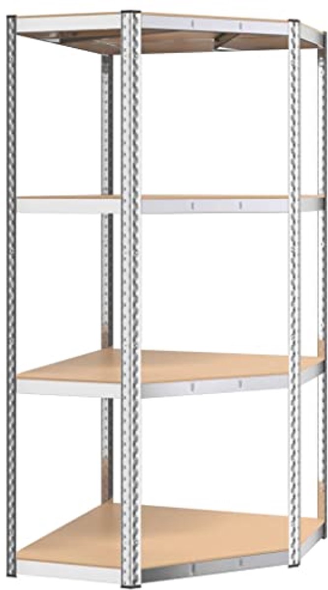 Hoekrek 4-laags staal en bewerkt hout, opslagrek, schappensysteem, industriële opslag, workshop rek
