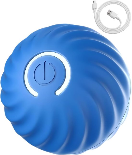 Blauwe bal met golfpatroon en symbool erop, met witte oplichtende rand. Liggend naast een witte Type-C oplaadkabel.