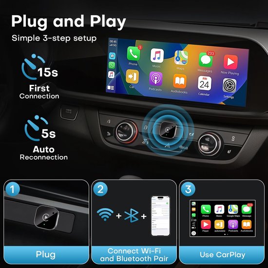 CP204 Serie - Draadloze CarPlay Adapter - Android Auto Compatibel - Plug & Play - Automatische Herverbinding - Lage Latentie - Universele Auto Adapter - Bluetooth 5.3 - Dual-Band WiFi - Voice Control van Carpuride — afbeelding 5