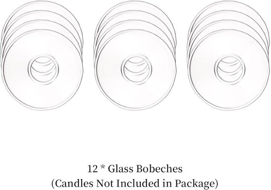Twaalf glasheldere bobeches, ronde kaarsenbeschermers, kaarsen niet inbegrepen.