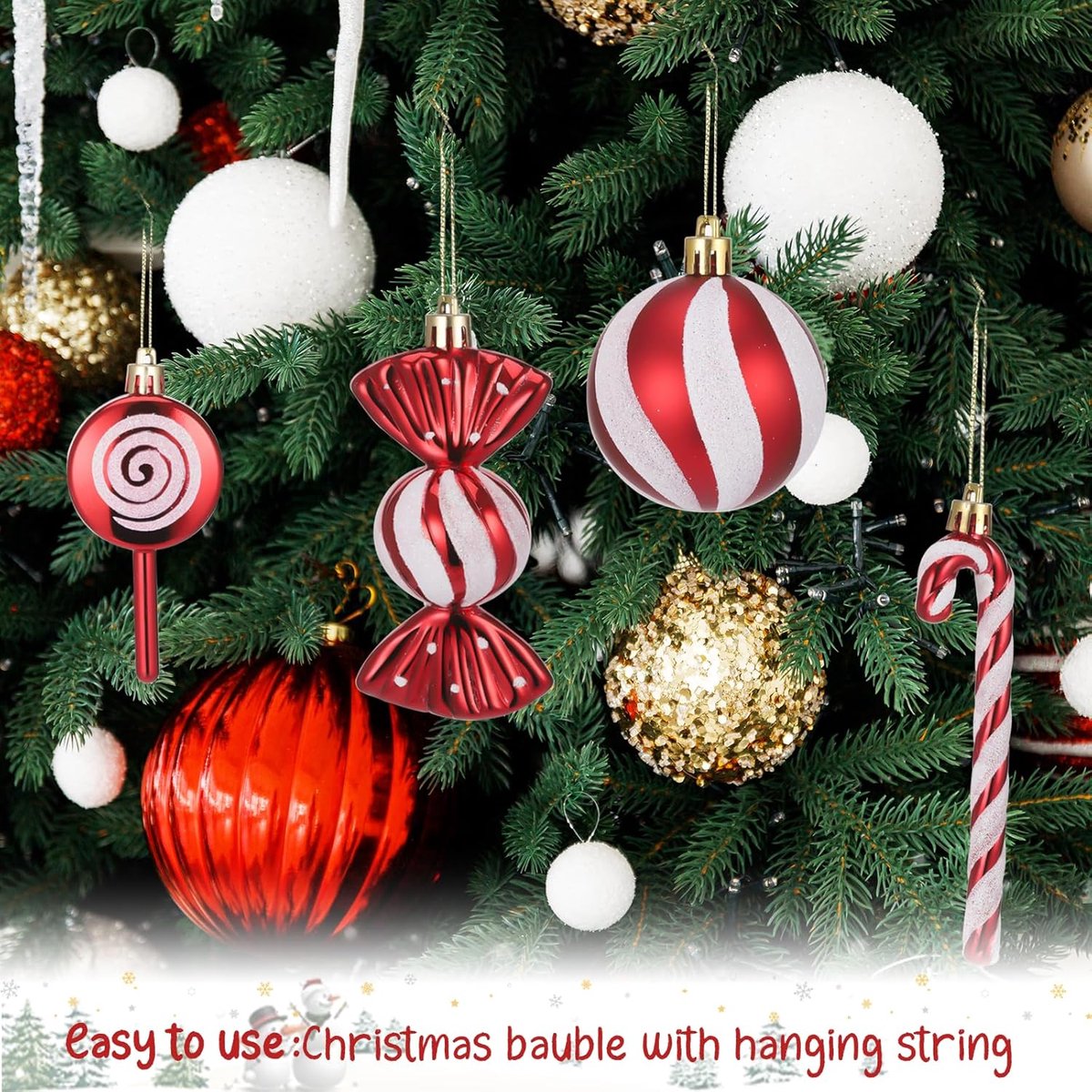 Kerstballen Set – kerstversiering - 15 Stuks Rood Wit Glitter Ornamenten – Inclusief Snoepjes Dennenappels En Lolly’s – Hangende Kerstballen Met Touw – Feestelijke En Decoratieve Kerstversiering Voor Kerstboom Huis Of Feest – foto 4