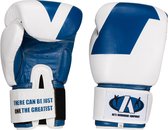 Twee bokshandschoenen, wit met grote blauwe V-vormige strepen. Eén handschoen heeft 'THERE CAN BE JUST ONE THE GREATEST' op de band.