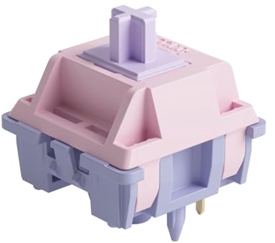 Un commutateur mécanique de clavier rose et violet, avec le logo 'AKKO' sur la tige violette.