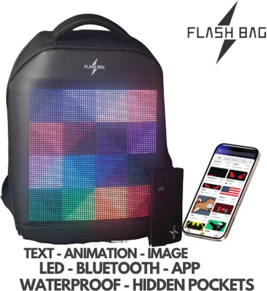 Flash Bag - LED Rugzak - Bluetooth app - waterdicht - smart - tekst /afbeelding/ animatie - Veilig in het donker - Visibiliteit - reflectoren - verborgen zakken - comfortabel - Marketing - adverteren - advertentie- inclusief powerbank - gadget