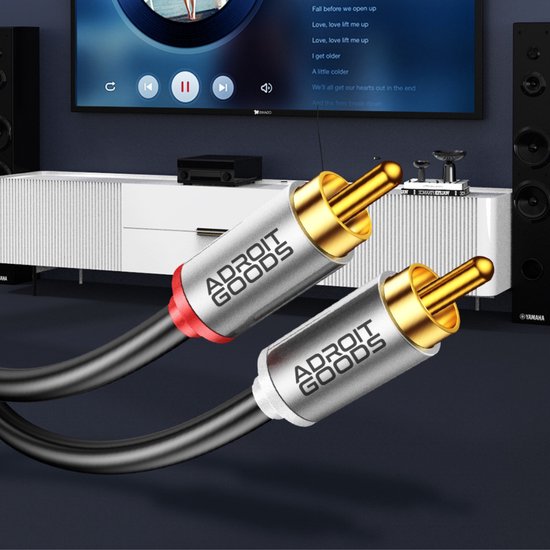 Zwarte audiokabel met vergulde RCA-stekkers, rood en wit gemarkeerd, voor een tv en luidsprekers.