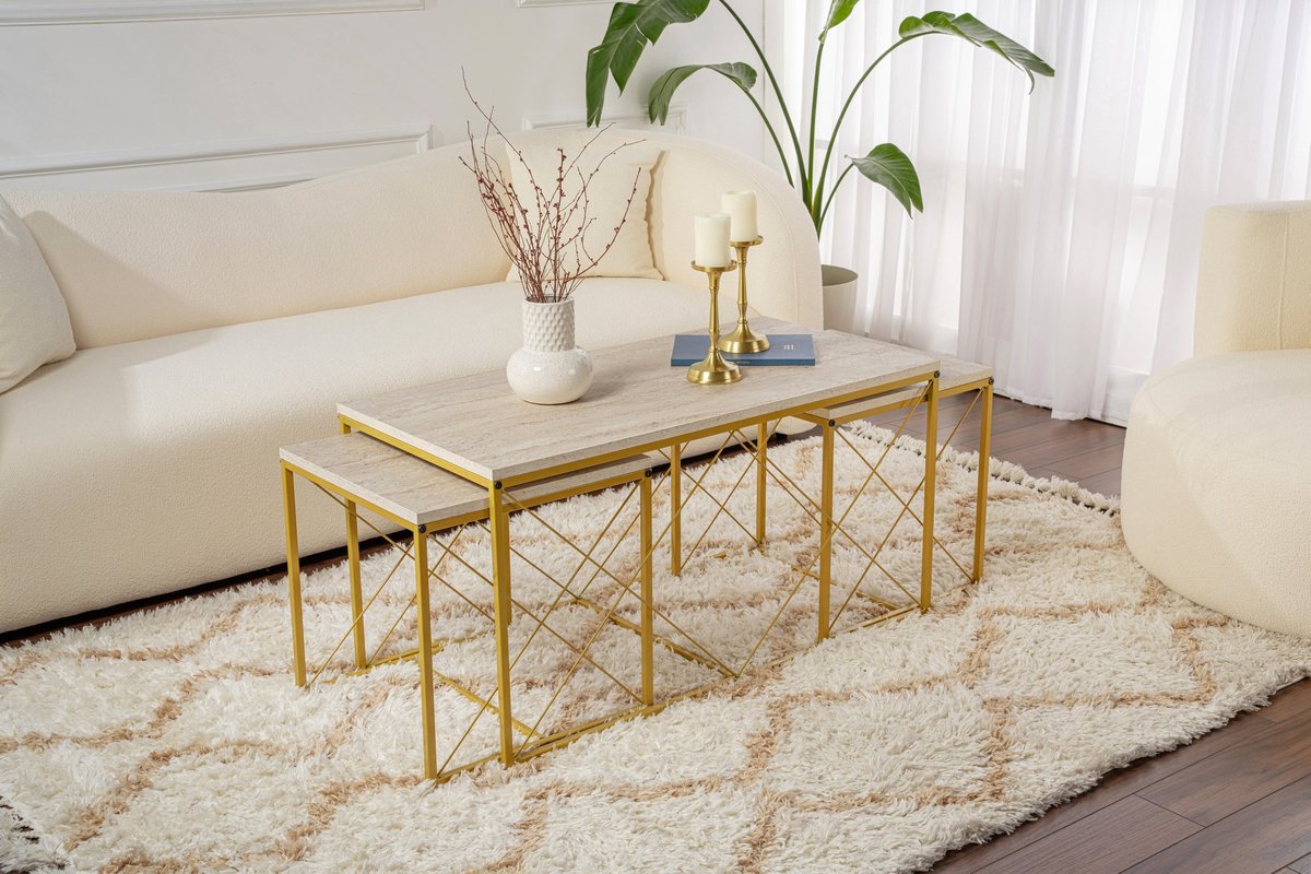 Skye Decor , Salontafelset, Defne - Gold, Travertine, Gemelamineerde spaanplaat, Travertin & Goud, 100 x 50 x 52 cm Travertijn