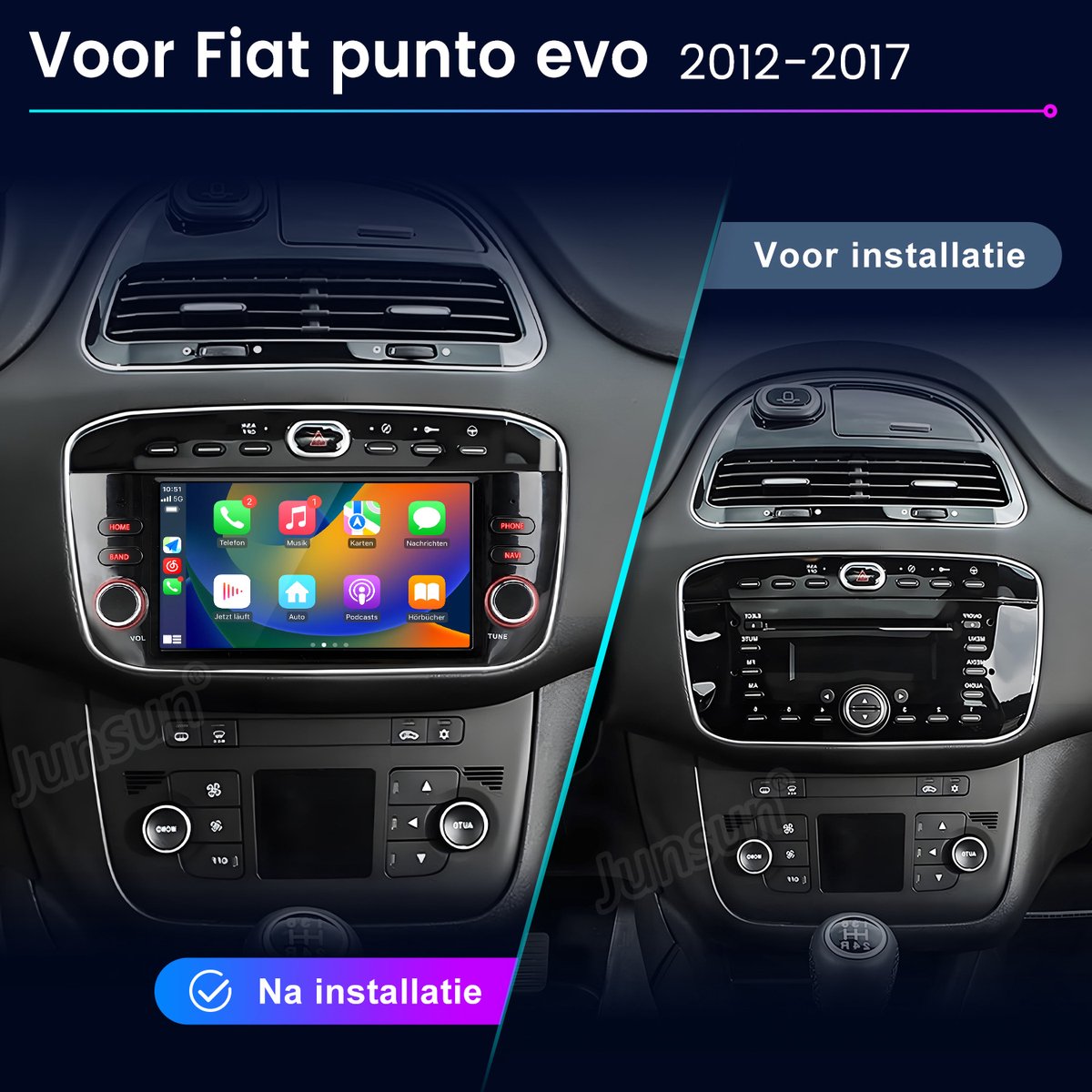 Junsun Android 15 Autoradio Geschikt voor Fiat Grande Punto EVO 199 Linea 2012-2017 - 7 inch IPS Scherm - Draadloos CarPlay & Android Auto - Bluetooth - GPS-navigatiesysteem - Stuurwielbediening - WiFi - RDS - DSP