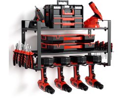 Gereedschapsopbergsysteem, werkplaatsaccessoires, organisatiesysteem, elektrisch gereedschap, gereedschapsorganizer, gereedschapsrek met twee lagen en 4 boorhouders aan beide zijden, gereedschapshouder MAX. 70KG, Rood