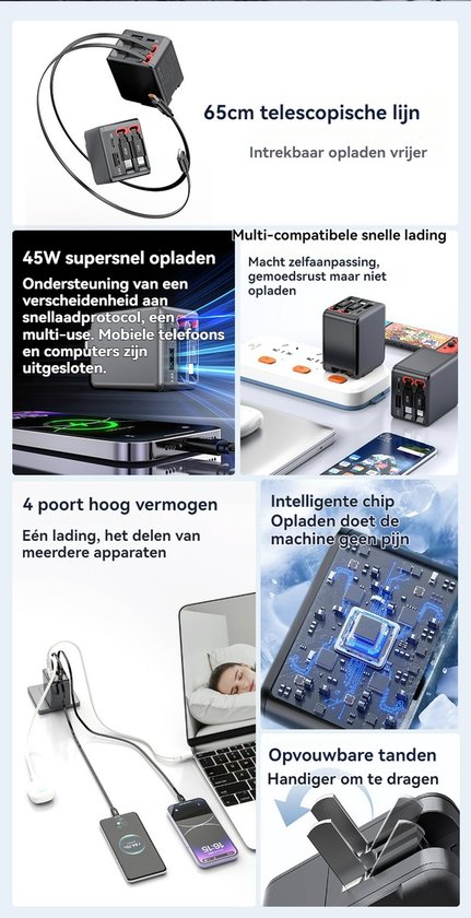 Zwarte GaN-oplader met uitschuifbare kabel, vier poorten, en is geschikt voor het opladen van laptops, telefoons en computers.