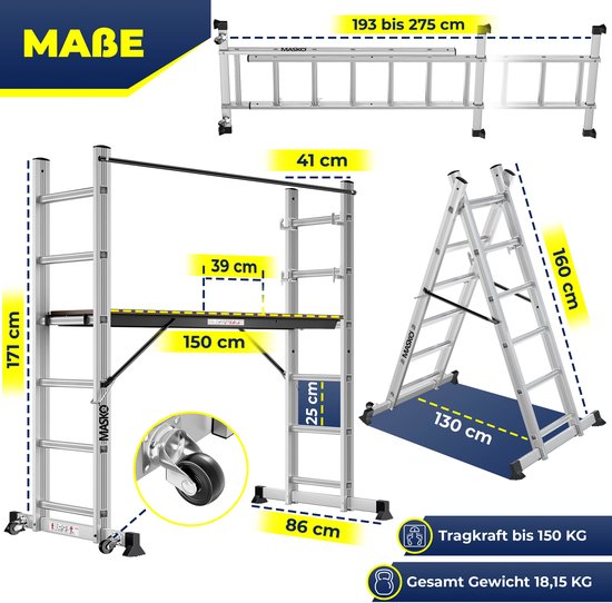MASKO® Aluminium Multi-Purpose Ladder 5.1 m 4x5 Sports Telescopic