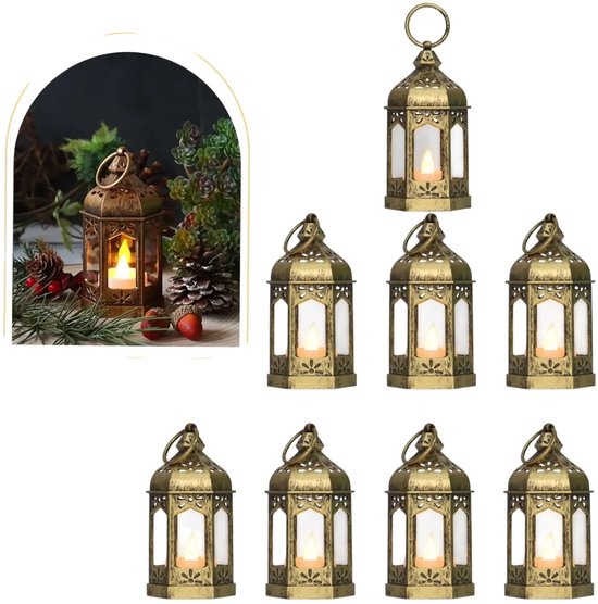 8 stuks - Vintage glazen kandelaar lantaarn - LED-licht - Draagbare kaarslantaarn - Decoratie - Mini-lantaarn - Hangende kaarslantaarn - Kerstbruiloftstafel middelpunt