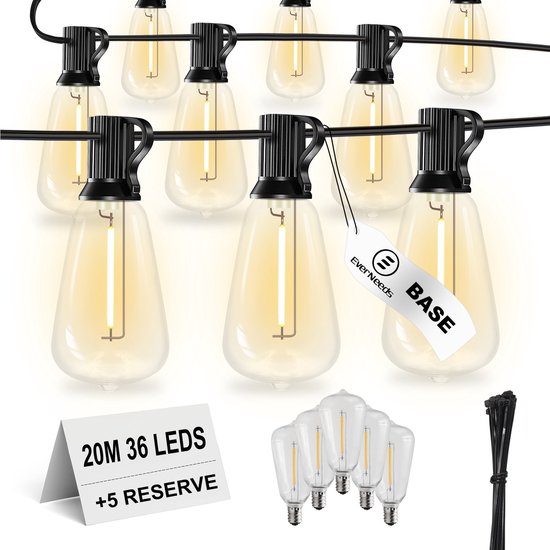 EverNeeds ST38 BASE Lichtsnoer Voor Buiten - 20 Meter- 36 LED - IP44 - Lichtslinger - Sfeerverlichting Buiten en Binnen - Tuinverlichting - Lampjes Slinger - 2700K - 5 Extra Leds