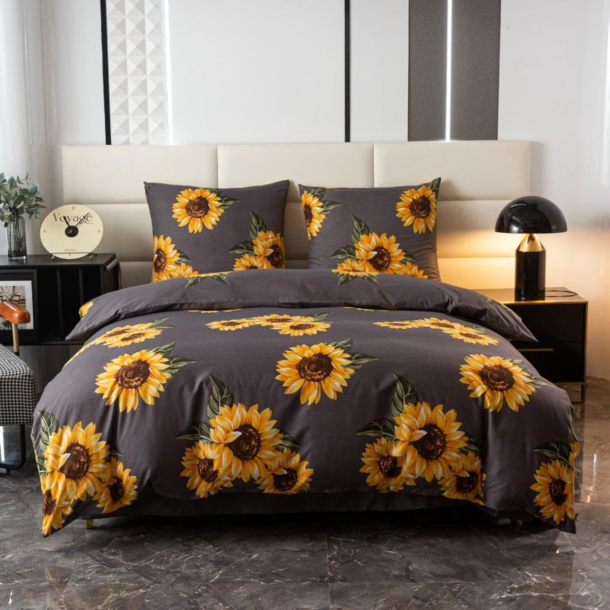 Ibenzoa Stijlvolle en Zachte Beddengoedset met Zonnebloemmotief in Grijstinten Zonnebloemen
