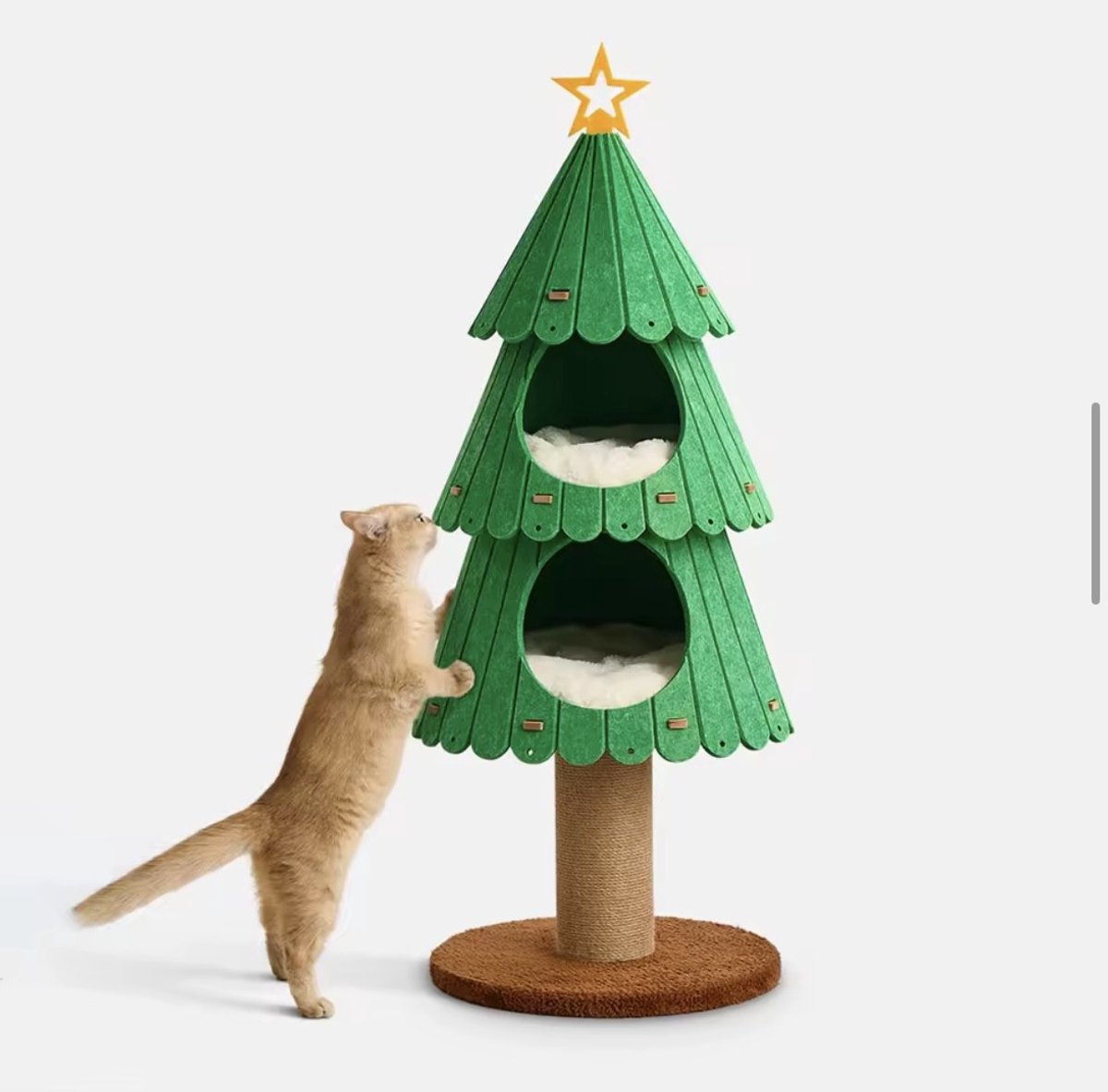 Luxe Kerstboom Krabpaal & Kattenbed - 109 cm Klimboom met Dubbele Ligplek - Groen & Bruin - Feestelijke Speel- en Slaapplek