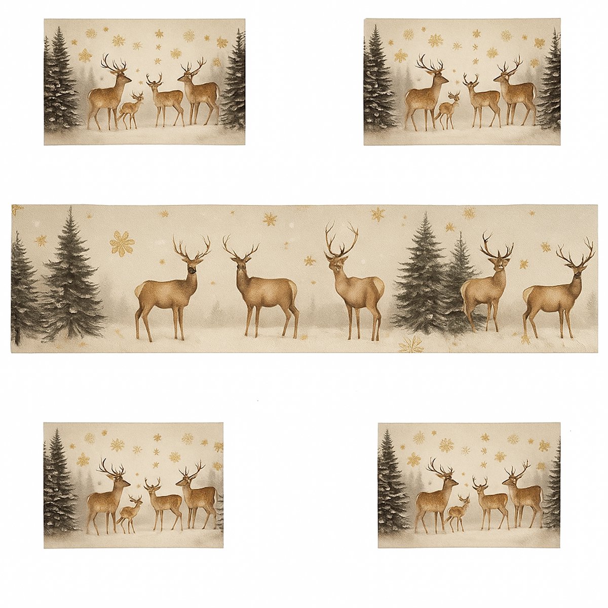 Luxe Kerst Tafeldecoratie Set (5-delig) - Tafelloper + 4 Placemats - Herten Winterlandschap - Goud & Beige - Elegante Diner Decoratie