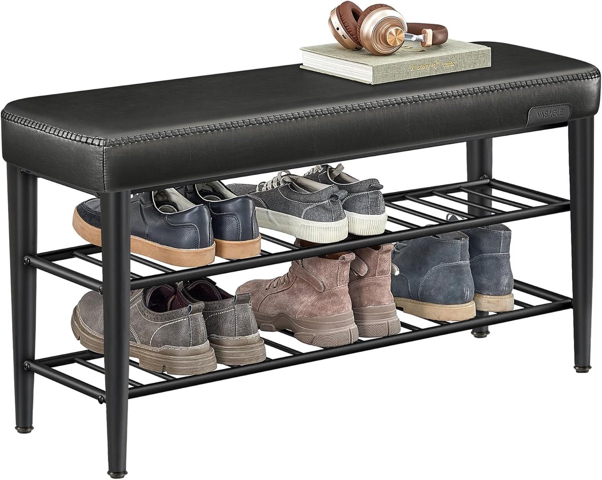 FurnStar EKHO Schoenenbank – Zitkist en Zitbank – Entreebank met Opbergruimte – Kunstleer met Stiksels – Jaren ’60 Moderne Stijl – Tot 135 kg – 30 x 100 x 50 cm – Inktzwart