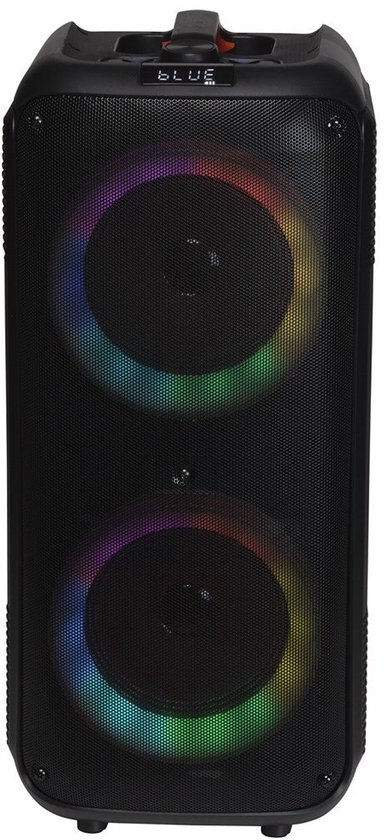 Zwarte luidspreker met twee ronde woofers met regenboogkleurige LED-verlichting.