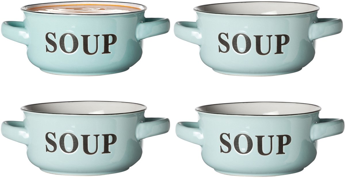 Cosy & Trendy Soepkommen Classic - pastel blauw - 4x stuks - 14 x 7 cm - keramiek - soepkommetjes - 470 ml