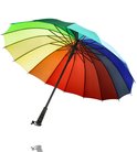 Grote regenboogparaplu met 16 gekleurde vlakken in rood, oranje, geel, groen, blauw en grijs. Zwarte steel met gebogen handvat.