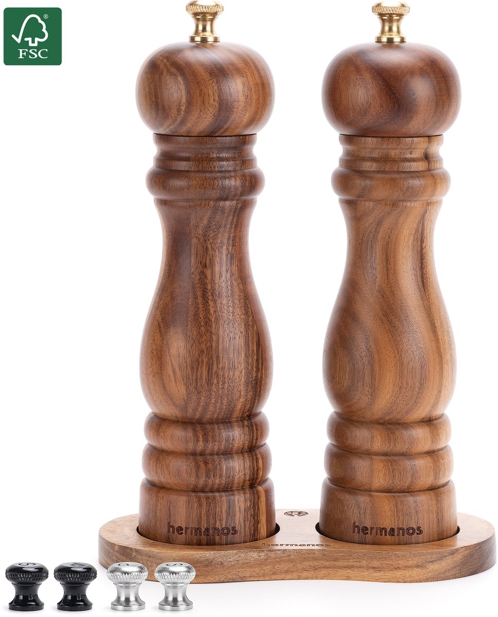 Peper en Zoutmolen Set Handmatig Acaciahout Lyon Bruin Hermanos® - Peper- & Zoutstel - 22 cm - Verwisselbare knoppen zwart, zilver en goud - Instelbare maalgraad - BBQ Accessoires - Cadeau