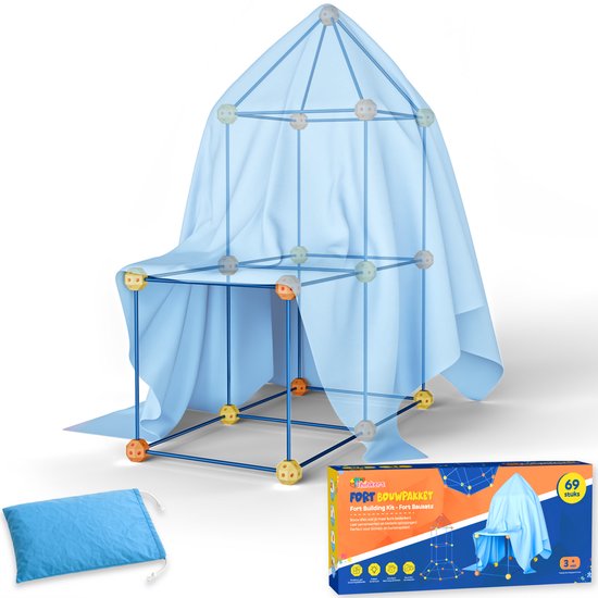 Fort Bouwpakket met 69 Onderdelen - Incl. Opbergzak & E-book - Constructiespeelgoed - Speeltent - Educatief Speelgoed - Bouwspeelgoed - Hut Bouwen
