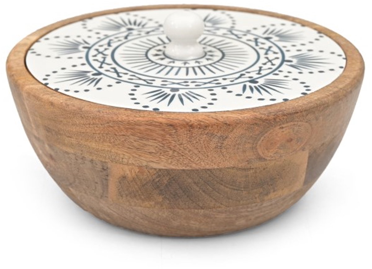 Only Natural houten schaal met deksel met handbeschildere witte en blauwe print 24 x 24 x 12 cm