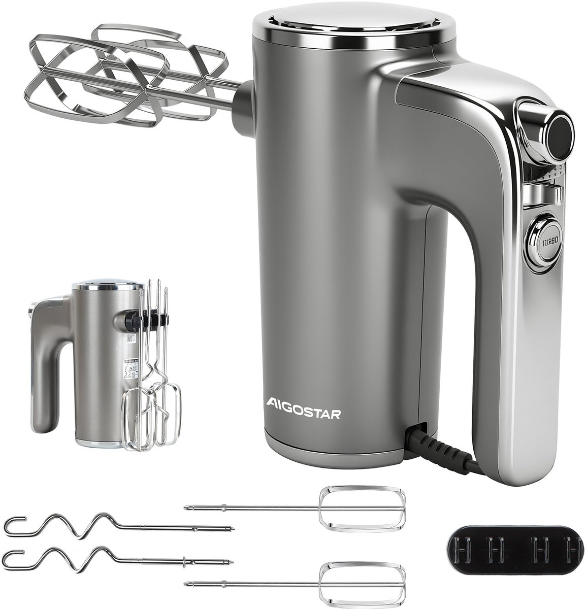 Aigostar Adela 30XMK -Handmixer met Opbergstandaard - 5 Snelheden - Mixer Turbo - Incl. Kloppers Deeghaken - RVS - 400W