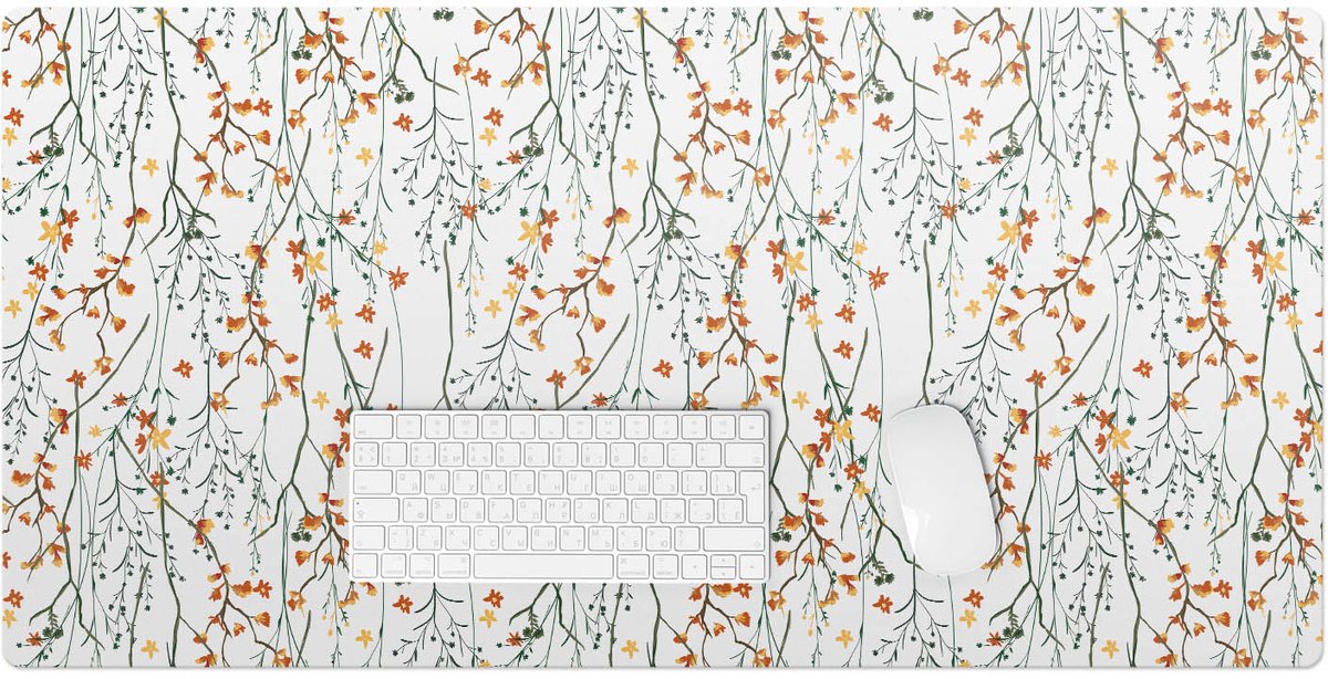Wallfluent - Herfstbloemen Op Een Tak Bureau Onderlegger - 100x50 cm - Wit Computer Mat - Boho-patroon Bureau Pad - Bureau Onderlegger Groot - Kantoor Decoraties - Bureauonderlegger