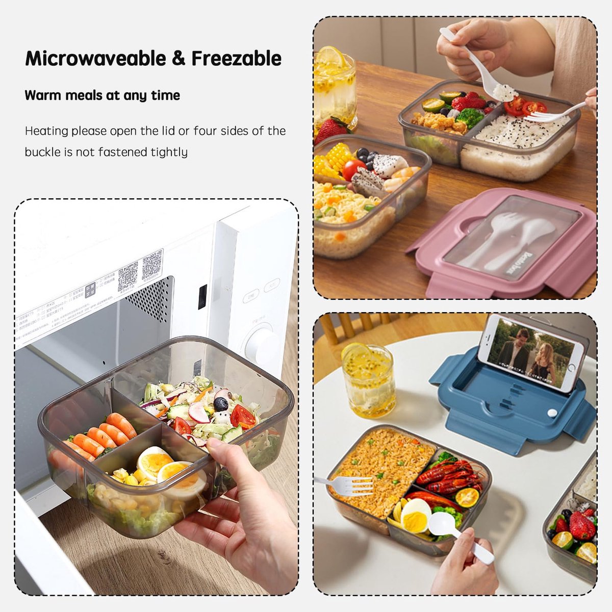 Broodtrommel - broodtrommel lunchbox volwassenen - Lunchboxen kinderen - Lunchbox met vakjes - Herbruikbare lunchbox - Boxcontainer met 2 compartimenten - Geïsoleerde - Afsluitbare - Draagbare - Kan in de magnetron worden verwarmd (grijs) — cadeau in Koken & Dineren - foto 7